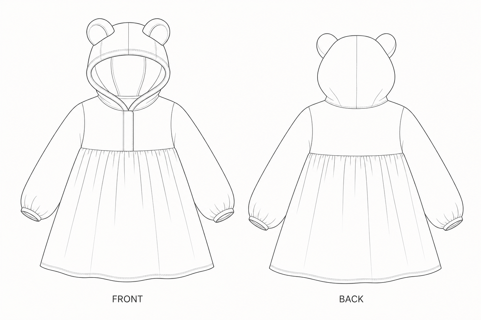 Y-670 Coat Sewing Pattern front and back technical drawing