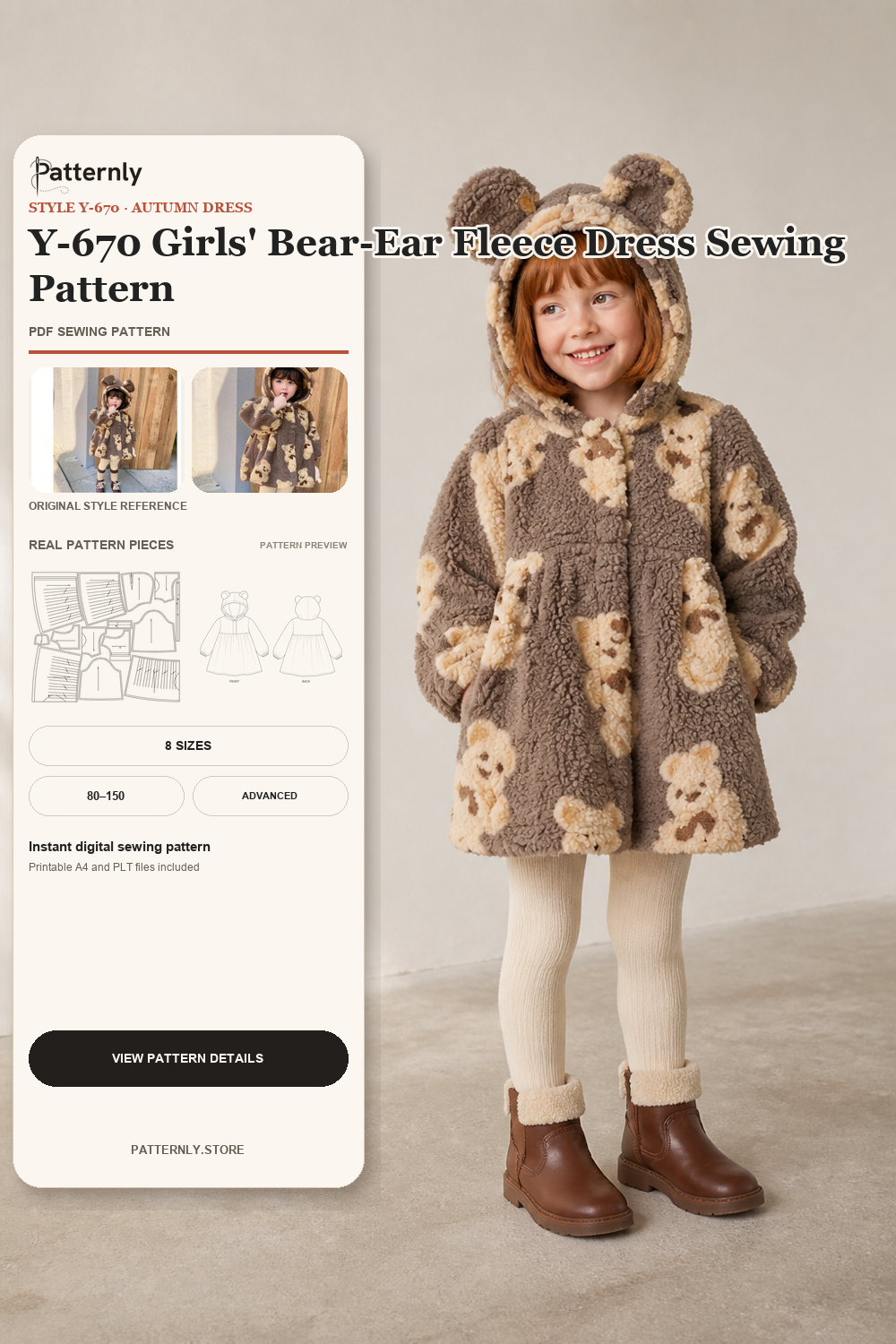 Y-670 Girls' Bear-Ear Fleece Dress Sewing Pattern cover