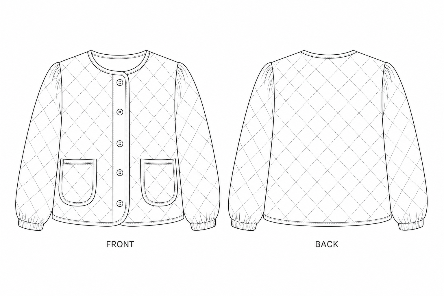 Y-678 Coat Sewing Pattern | Mother Daughter Quilted Floral Jackets front and back technical drawing