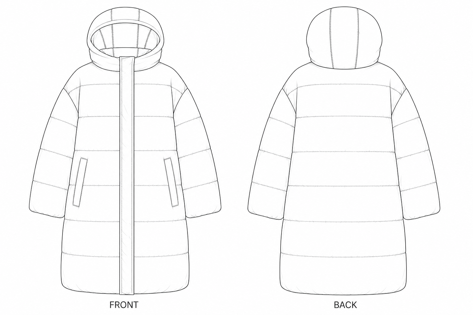 Y-698 Sewing Pattern | Women's Long Hooded Puffer Coat front and back technical drawing