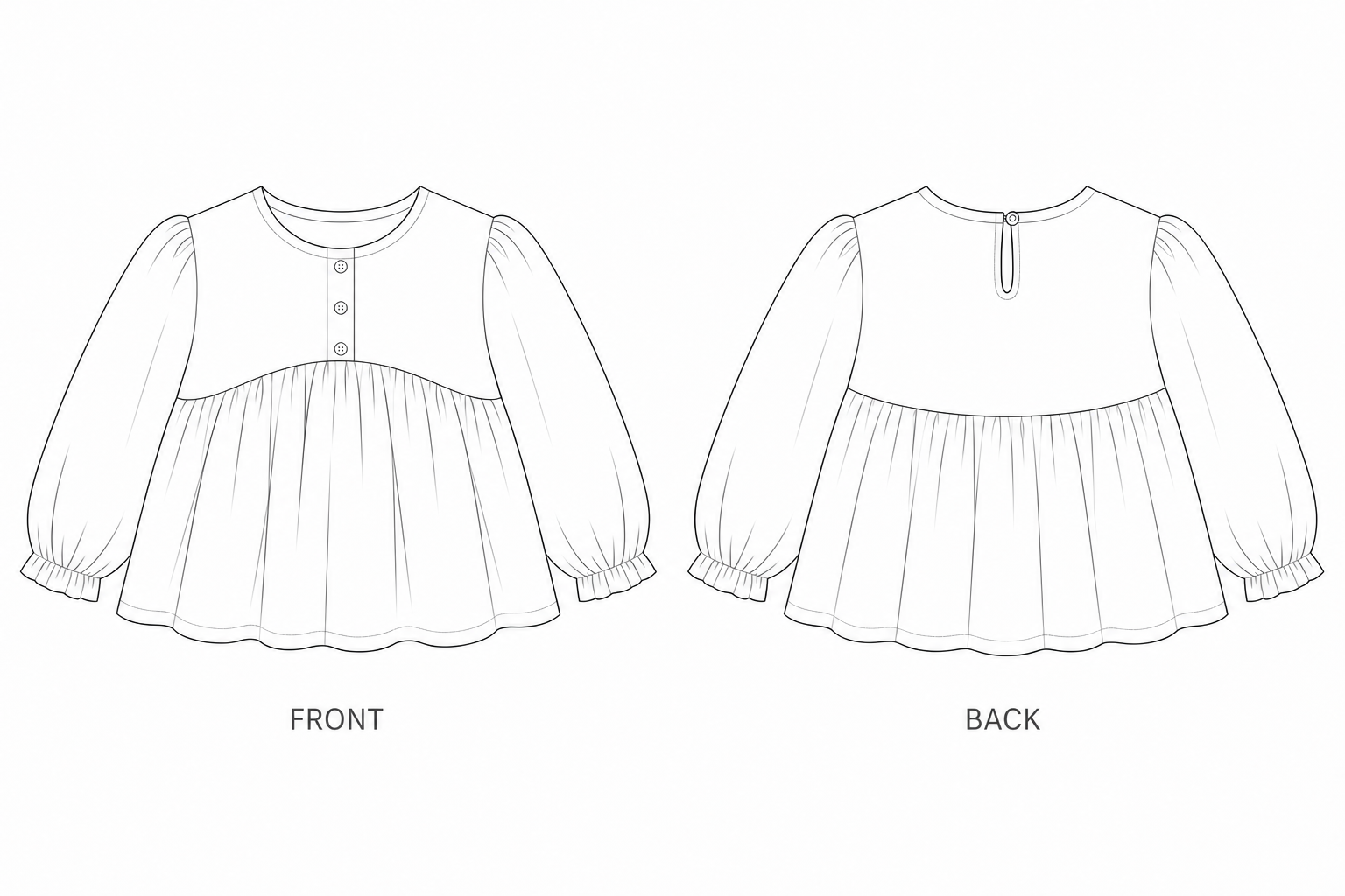 Y-736 Top Sewing Pattern | Girls Embroidered Peplum Blouse front and back technical drawing