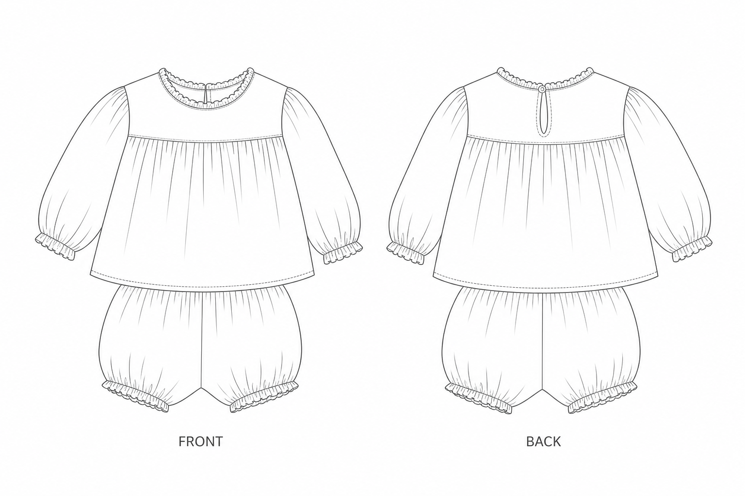 Y-742 Top Sewing Pattern front and back technical drawing