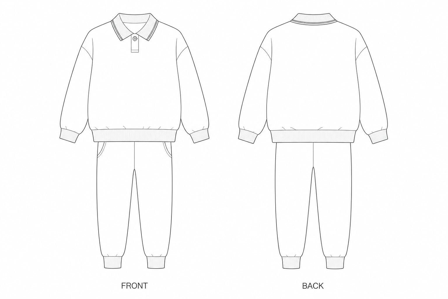 Y-746 Sewing Pattern | Kids Preppy Polo Sweatshirt and Jogger Set front and back technical drawing