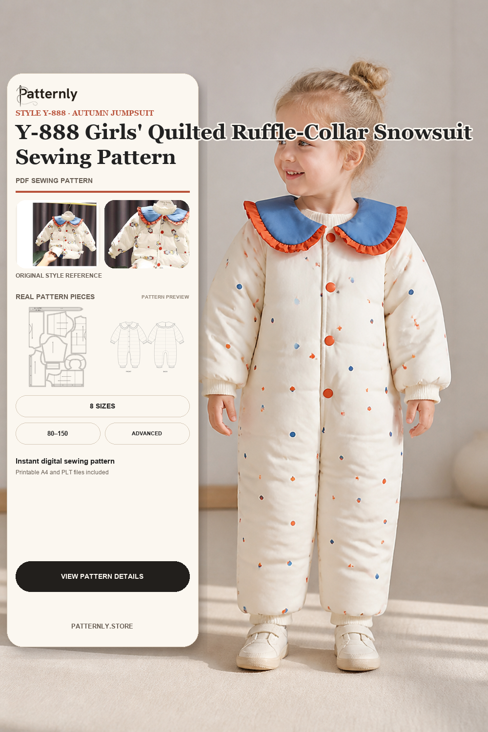 Y-888 Girls' Quilted Ruffle-Collar Snowsuit Sewing Pattern cover