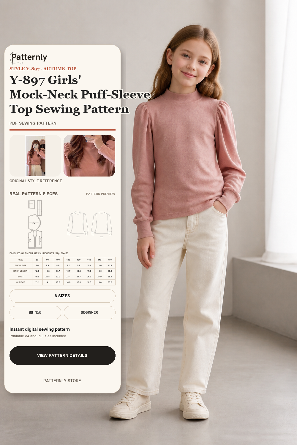 Y-897 Girls' Mock-Neck Puff-Sleeve Top Sewing Pattern cover