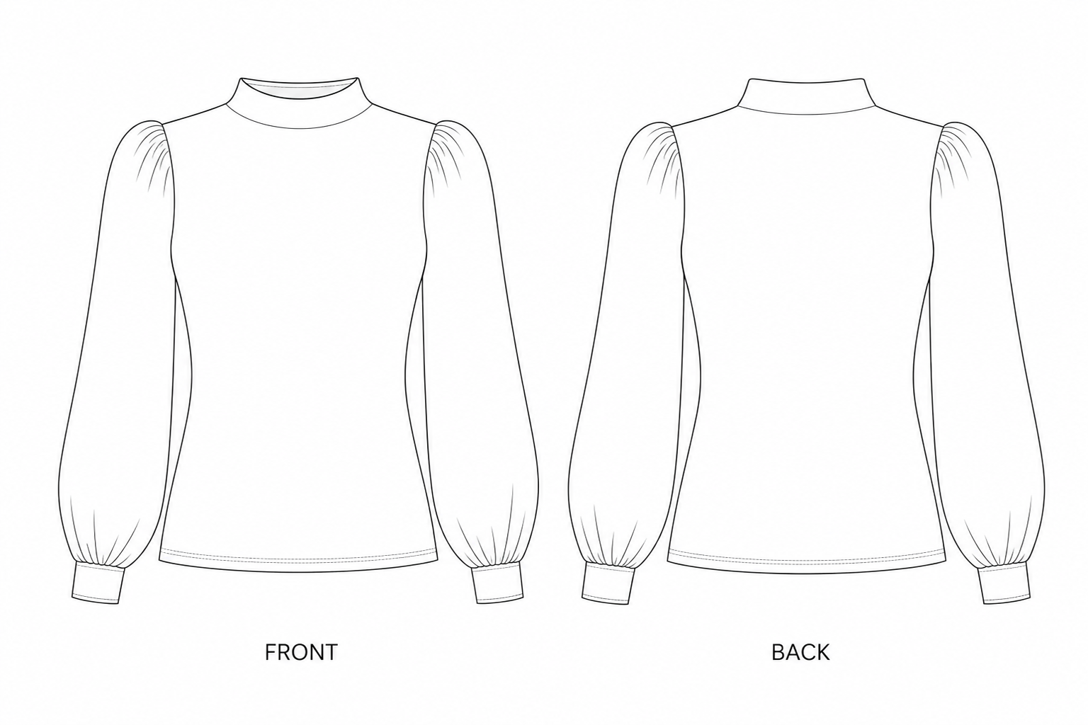 Y-897 Top Sewing Pattern | Women's Puff Sleeve Mock Neck Top front and back technical drawing