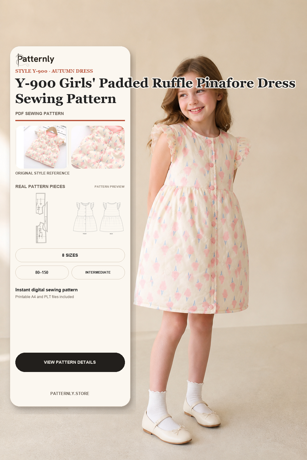 Y-900 Girls' Padded Ruffle Pinafore Dress Sewing Pattern cover
