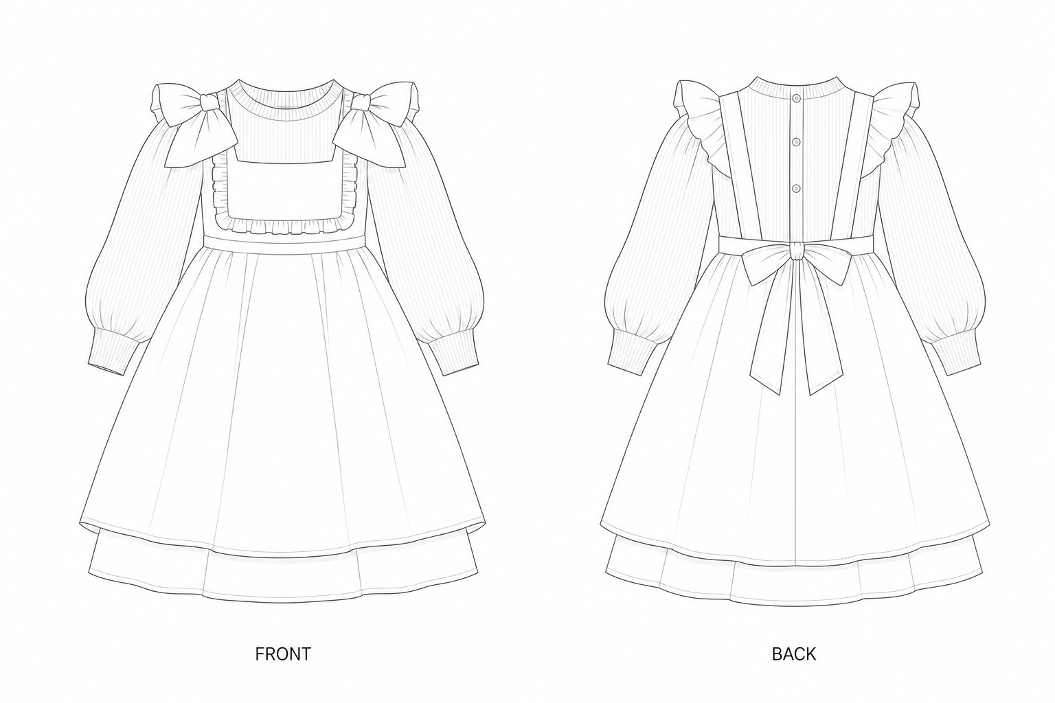 Y-910 Dress Sewing Pattern | Girls Contrast Apron Dress front and back technical drawing