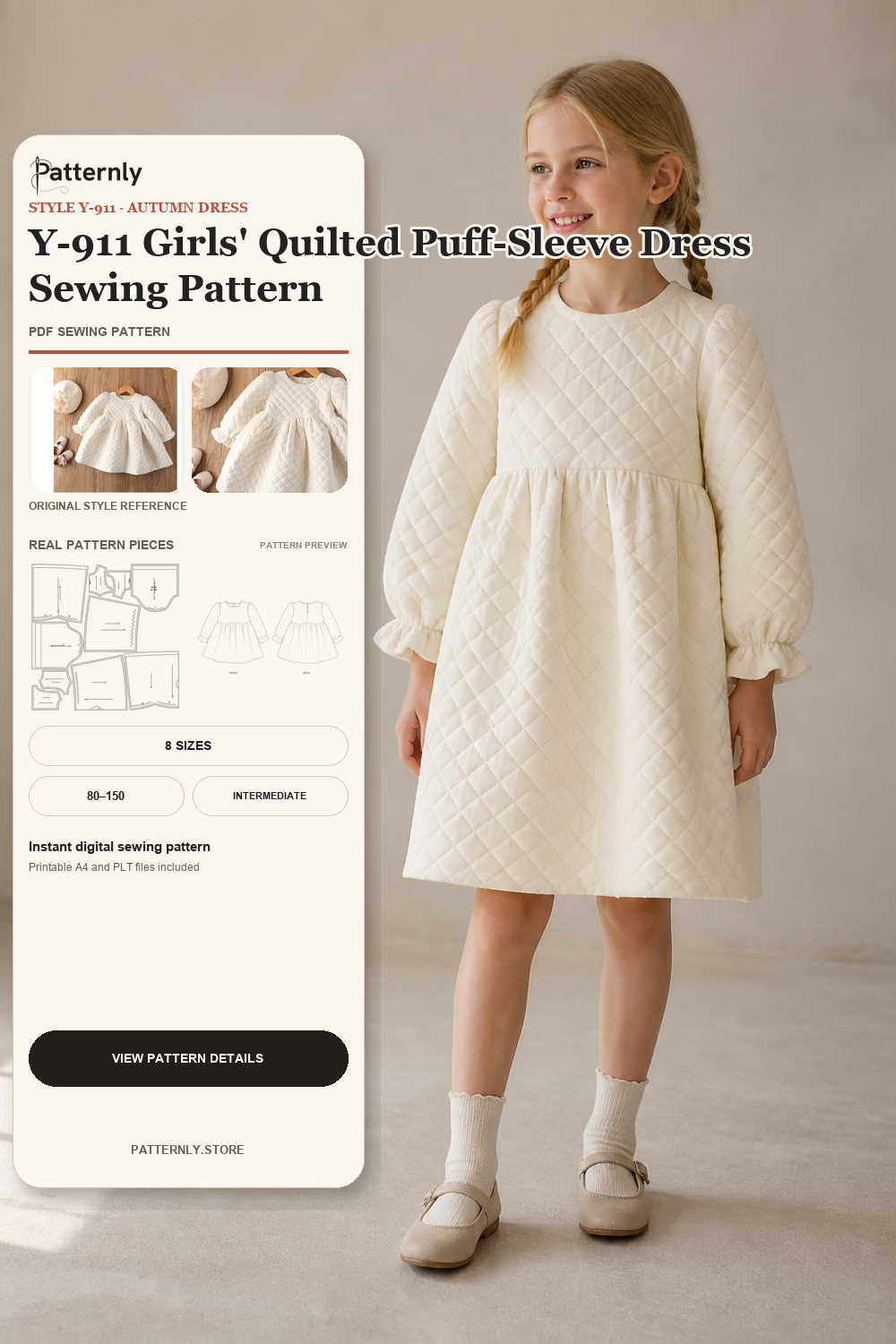 Y-911 Girls' Quilted Puff-Sleeve Dress Sewing Pattern cover