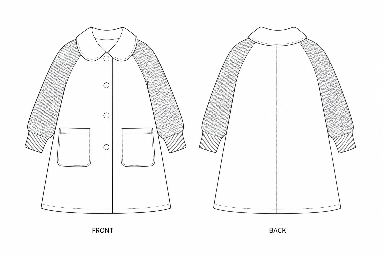 Y-924 Coat Sewing Pattern front and back technical drawing