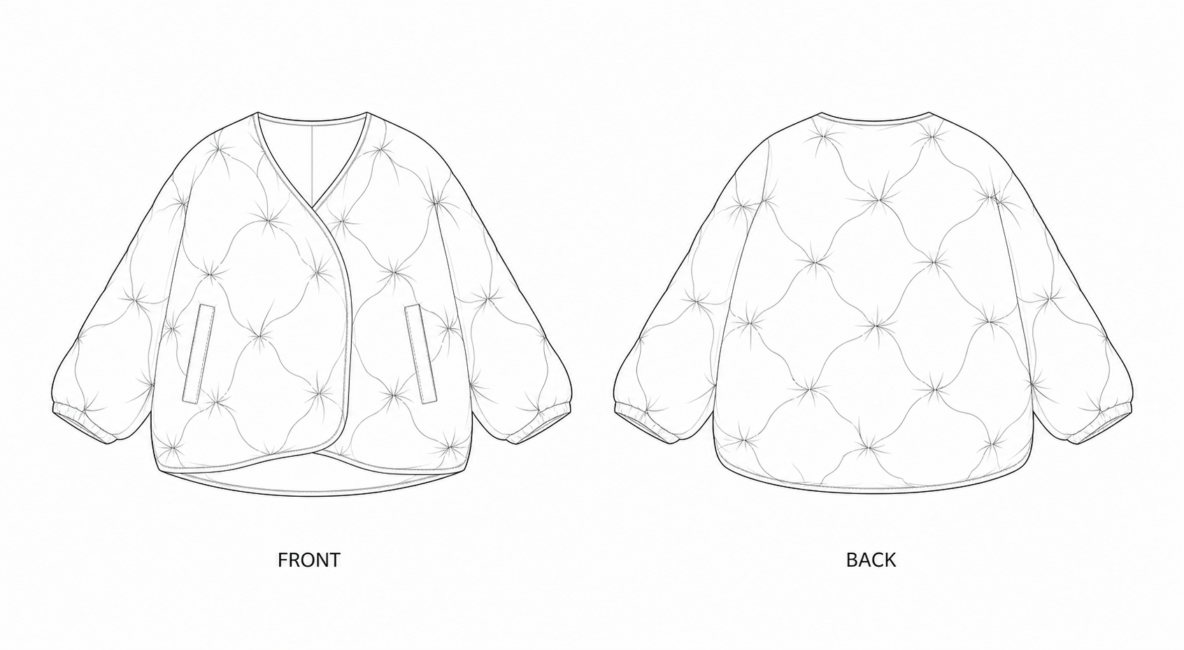 Y-928 Sewing Pattern | Girls Quilted V-Neck Puffer Jacket front and back technical drawing