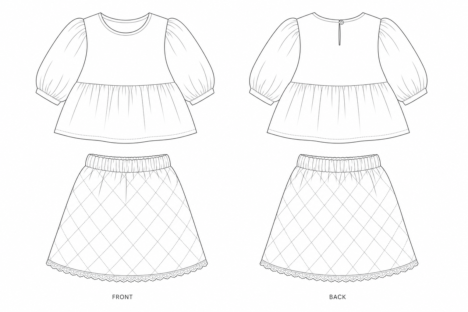 Y-930 Set Sewing Pattern front and back technical drawing