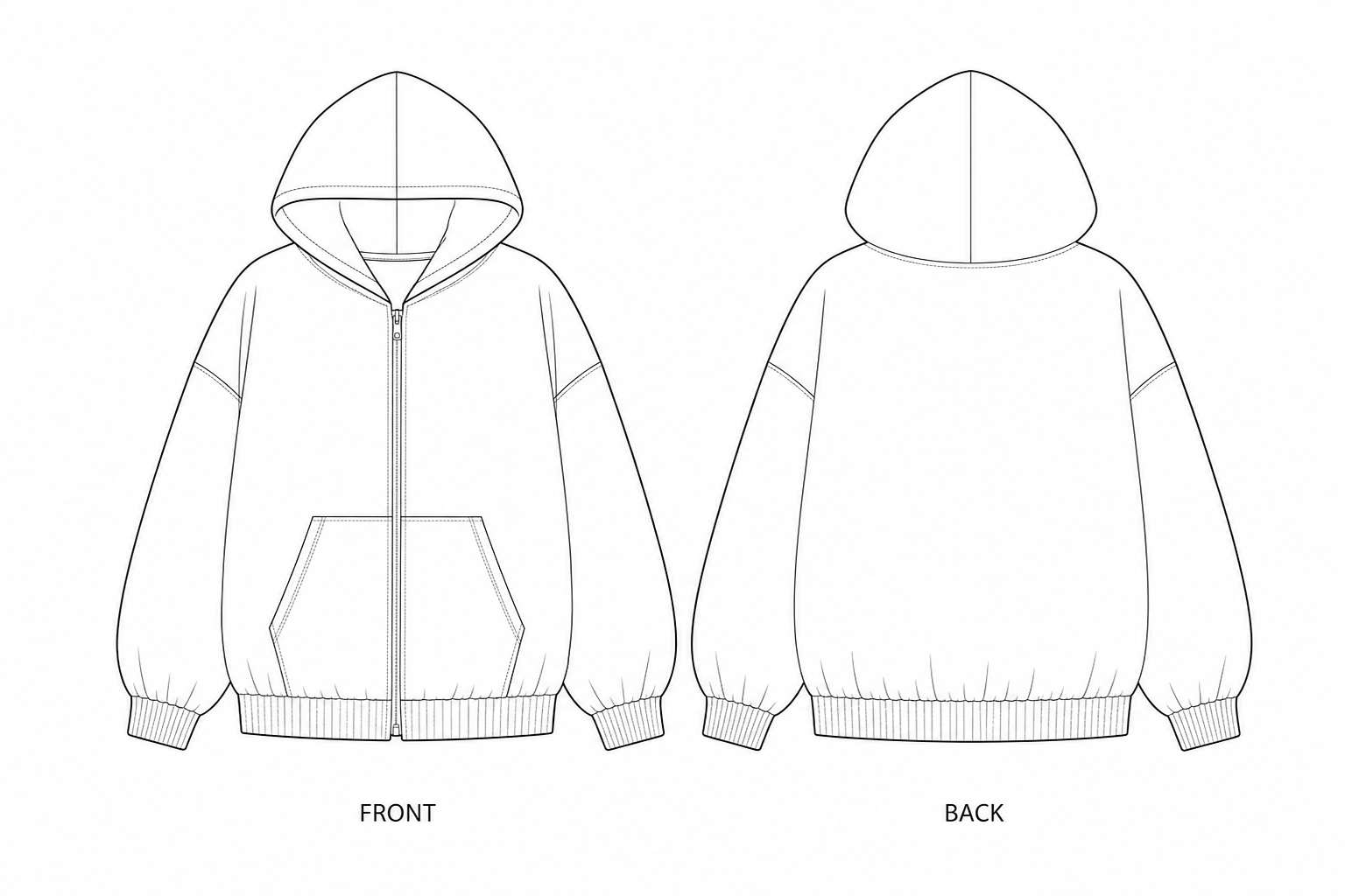 Y-938 Sweatshirt Sewing Pattern | Mother Child Oversized Zip Hoodies front and back technical drawing