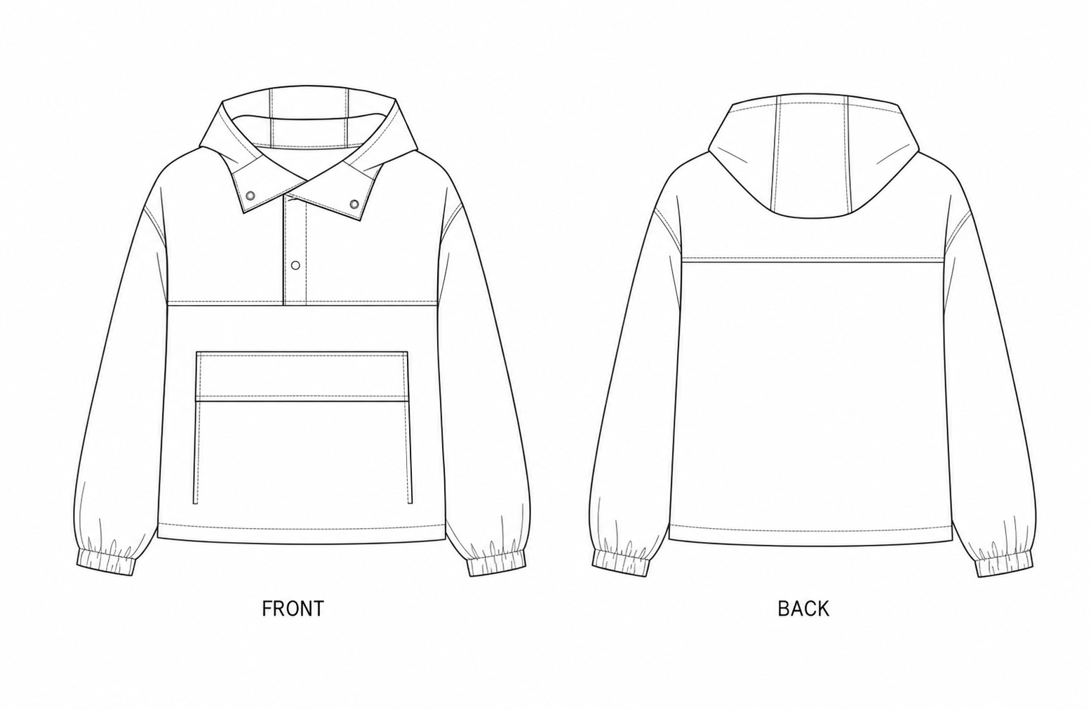 Y-949 Jacket Sewing Pattern | Olive Pullover Anorak front and back technical drawing