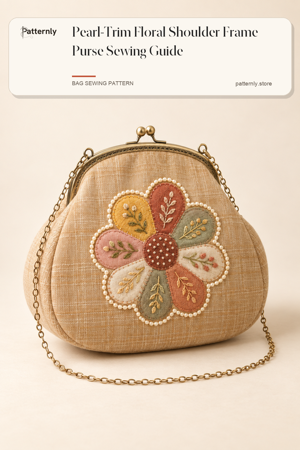 Pearl-Trim Floral Shoulder Frame Purse Sewing Guide — finished bag sewing pattern preview