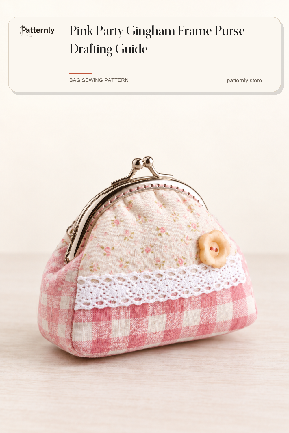 Pink Party Gingham Frame Purse Drafting Guide — finished bag sewing pattern preview