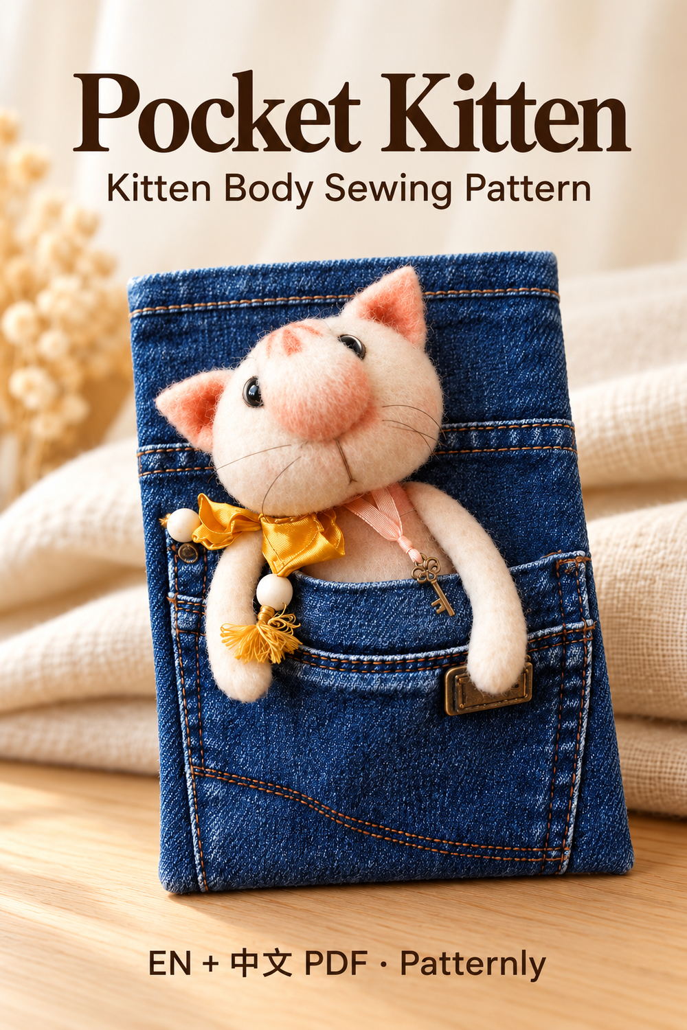 Pocket Kitten Sewing Pattern, in a warm handmade craft setting. English and Chinese PDF pattern.