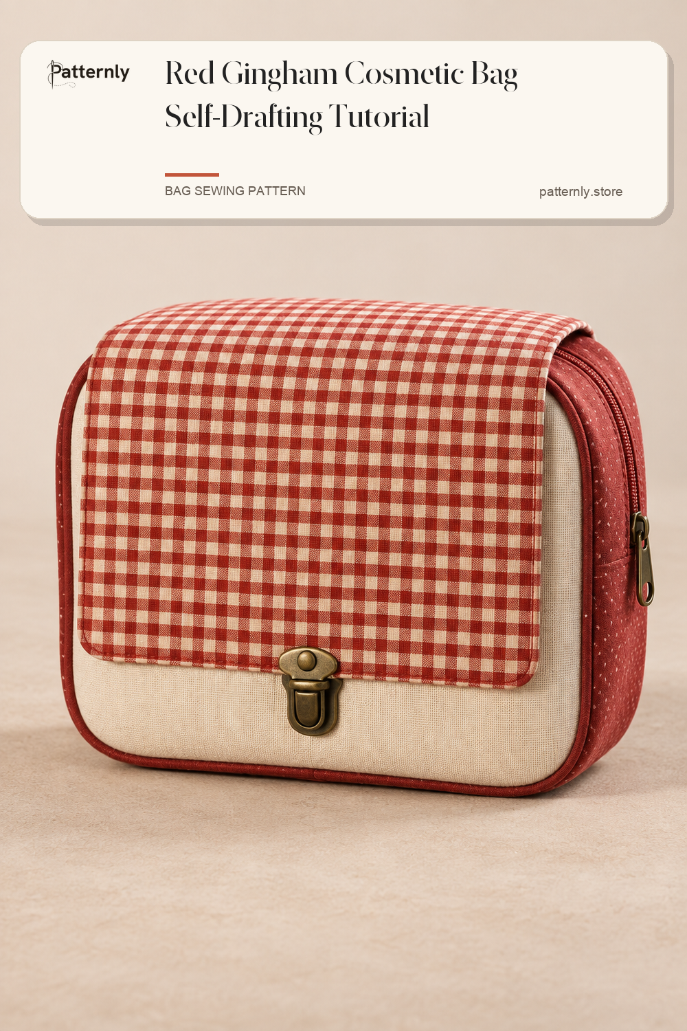 Red Gingham Cosmetic Bag Self-Drafting Tutorial — finished bag sewing pattern preview