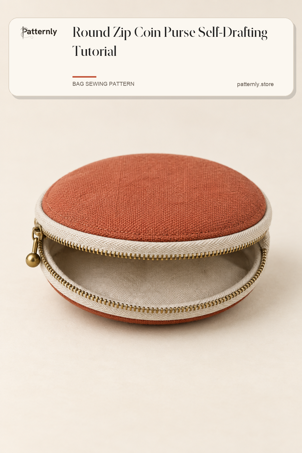 Round Zip Coin Purse Self-Drafting Tutorial — finished bag sewing pattern preview