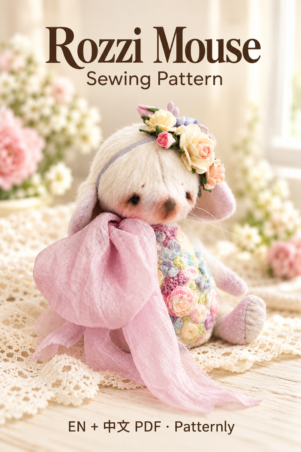 Rozzi Mouse Sewing Pattern, in a warm handmade craft setting. English and Chinese PDF pattern.