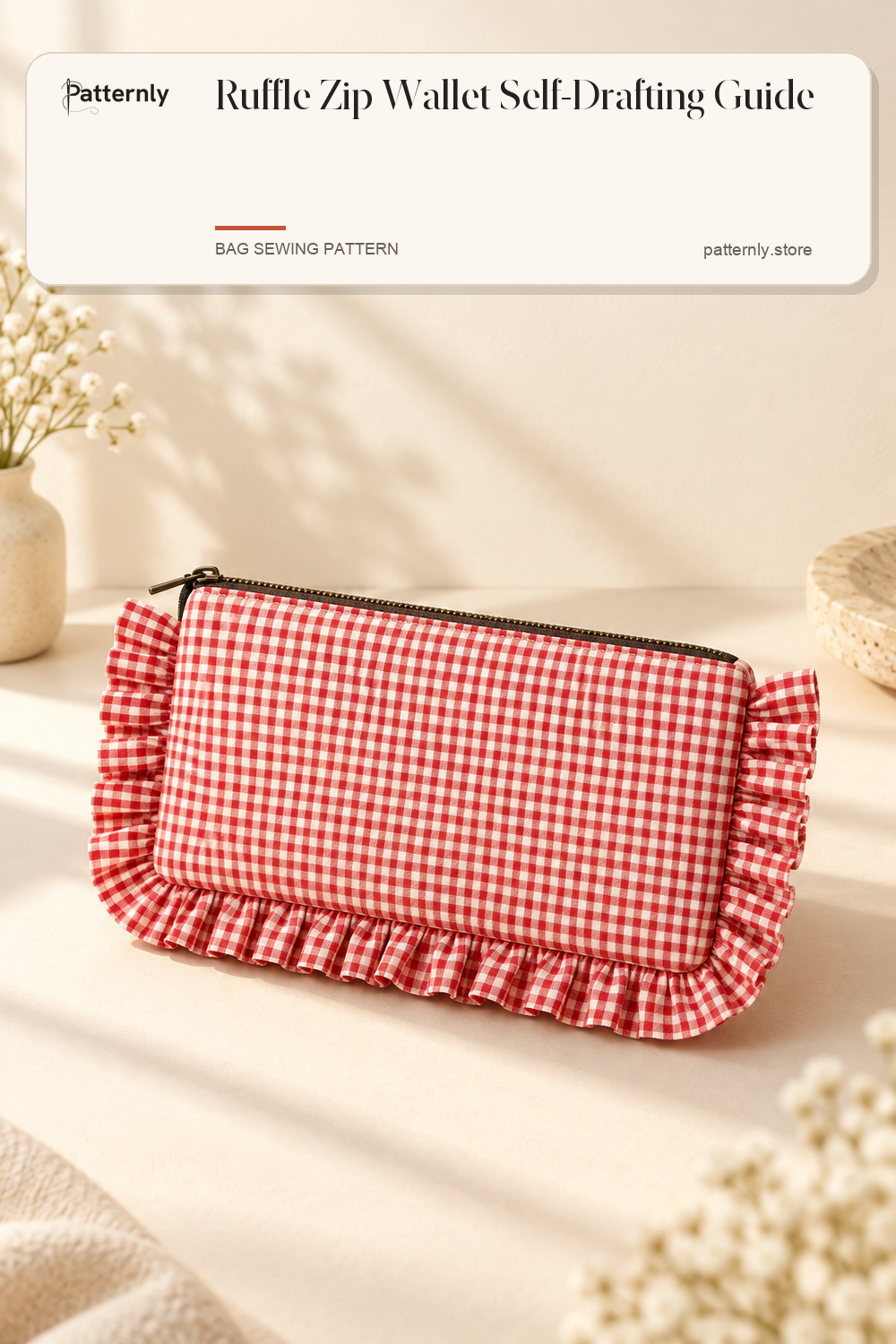 Ruffle zip wallet sewing guide — finished wallet and self-drafting pattern overview
