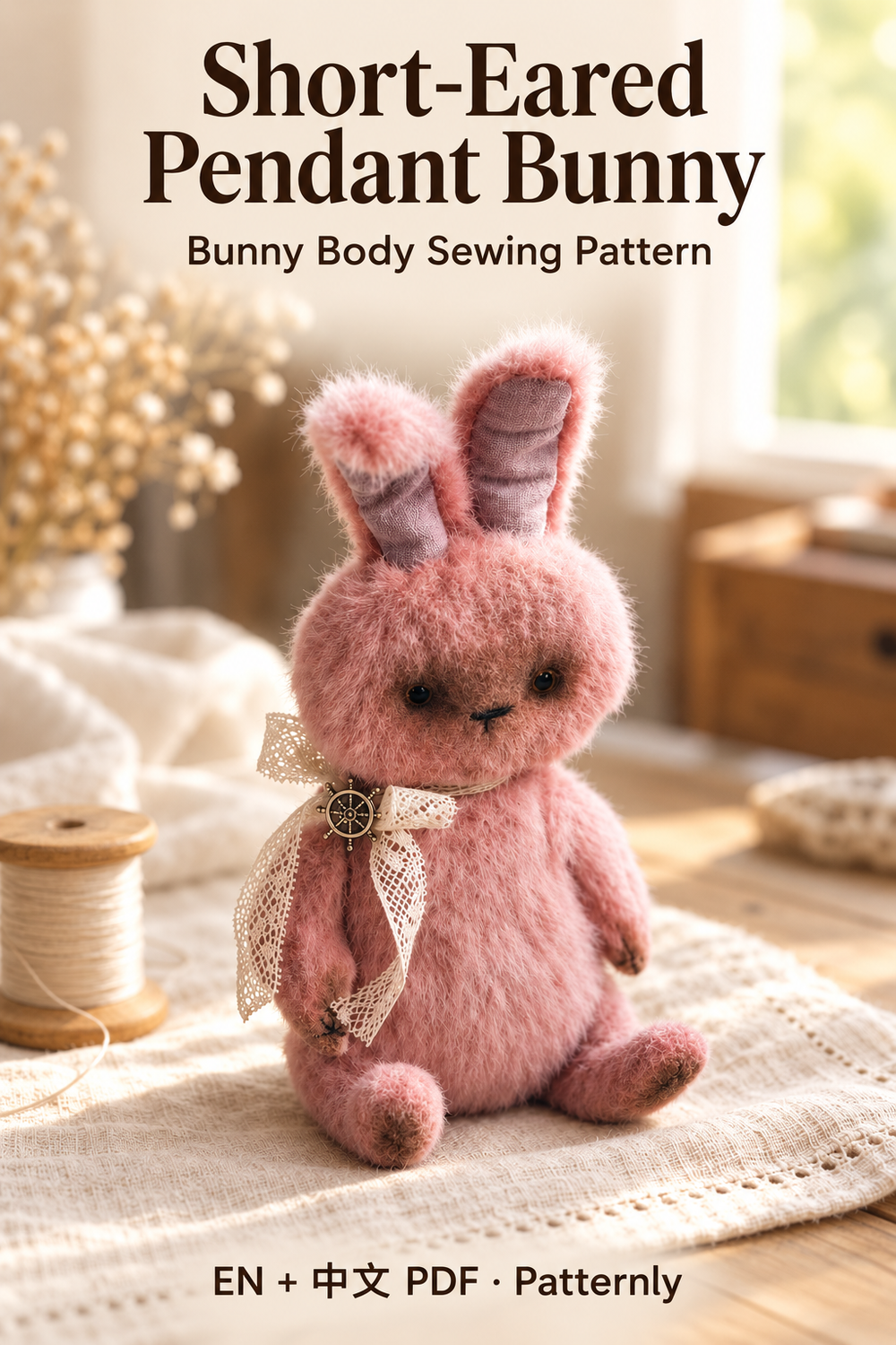Short-Eared Pendant Bunny Sewing Pattern, in a warm handmade craft setting. English and Chinese PDF pattern.