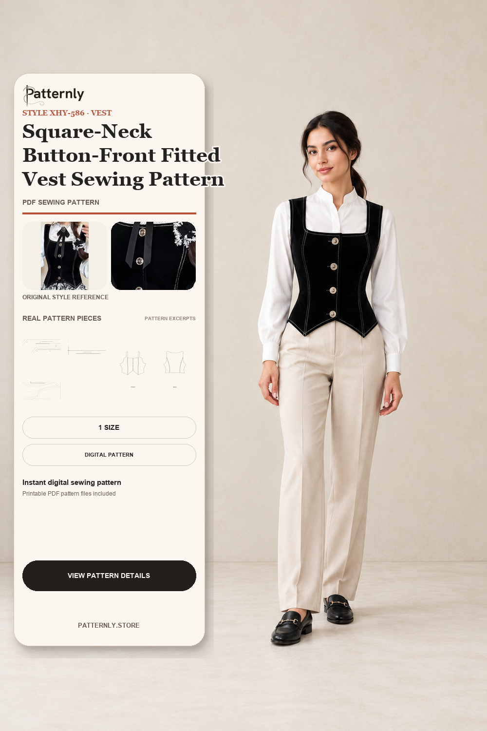 Square-Neck Button-Front Fitted Vest Sewing Pattern cover