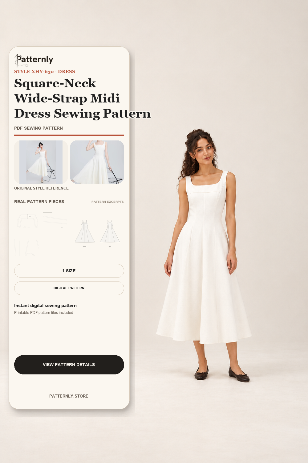 Square-Neck Wide-Strap Midi Dress Sewing Pattern cover