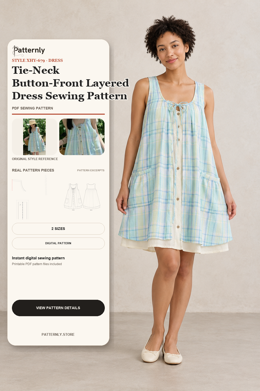 Tie-Neck Button-Front Layered Dress Sewing Pattern cover