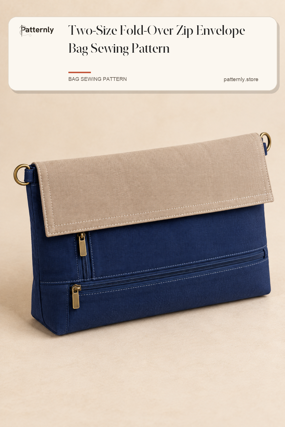 Two-Size Fold-Over Zip Envelope Bag Sewing Pattern — finished bag sewing pattern preview