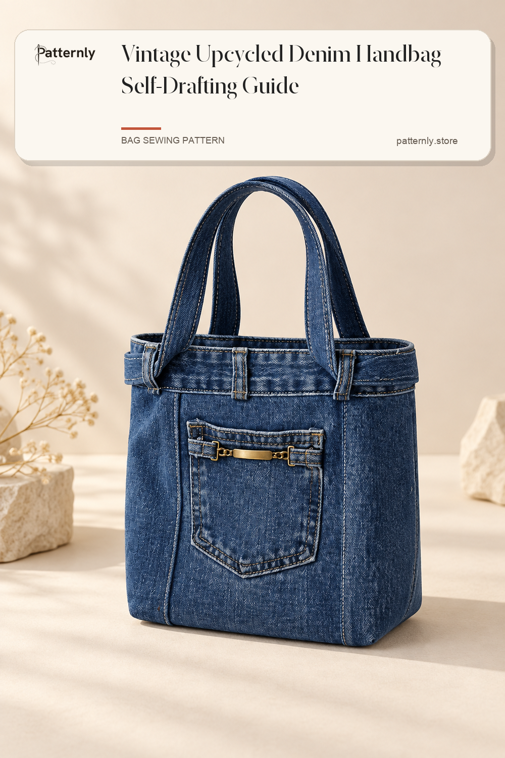Vintage upcycled denim handbag sewing guide — finished handbag and self-drafting pattern overview