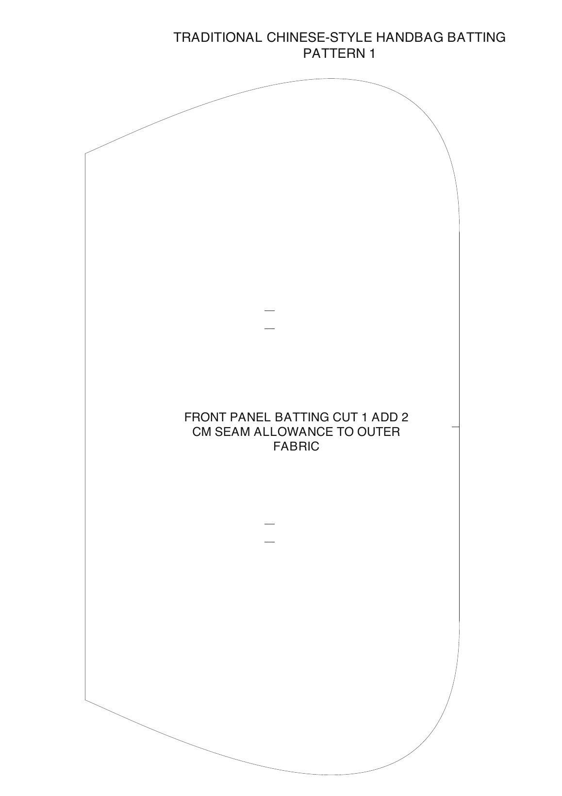 English A4 pattern page for the front-panel batting, marked Cut 1 and Add 2 cm Seam Allowance to Outer Fabric