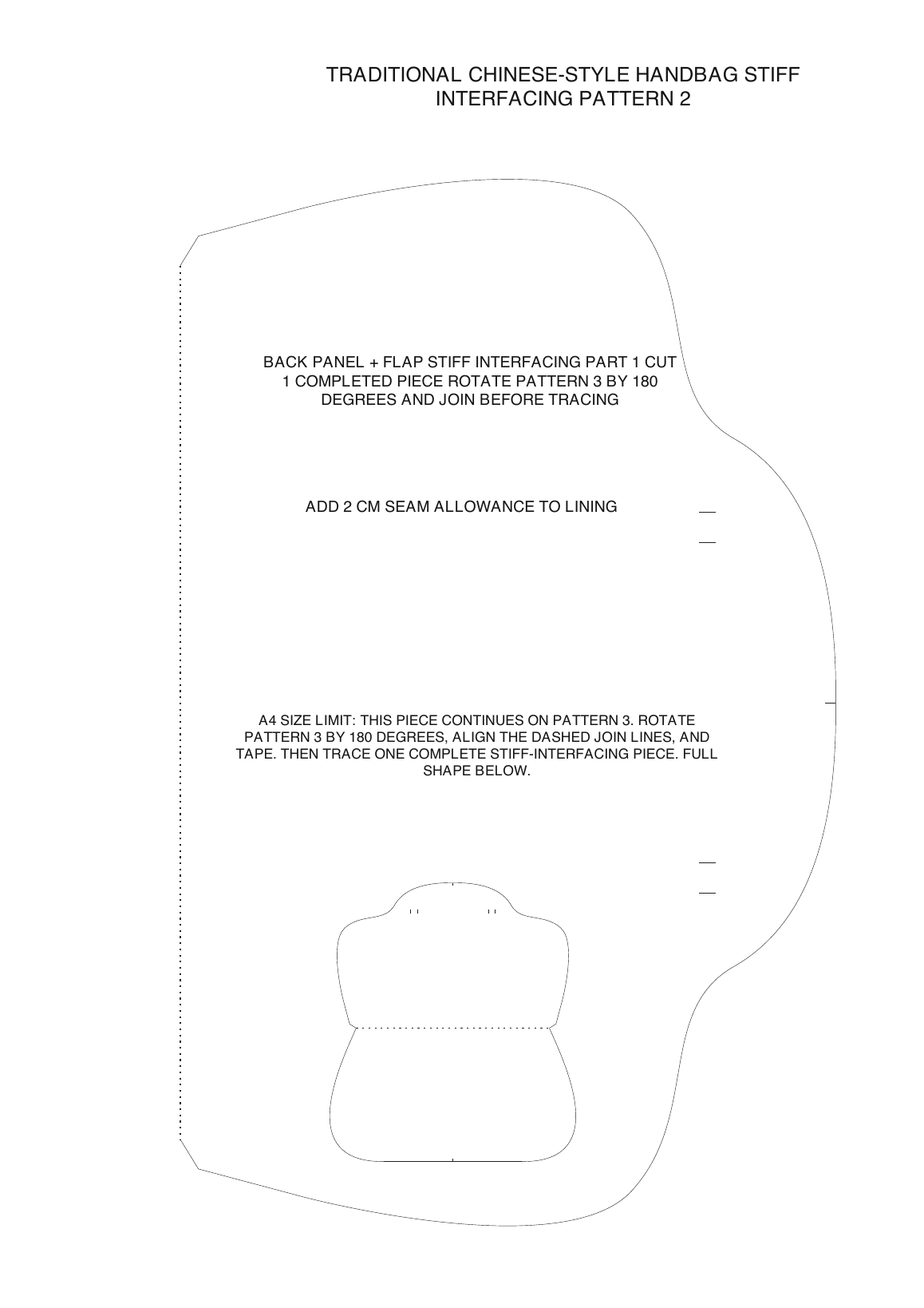 English page 6 showing back-panel and flap stiff-interfacing part 1 with a dashed cross-page join line