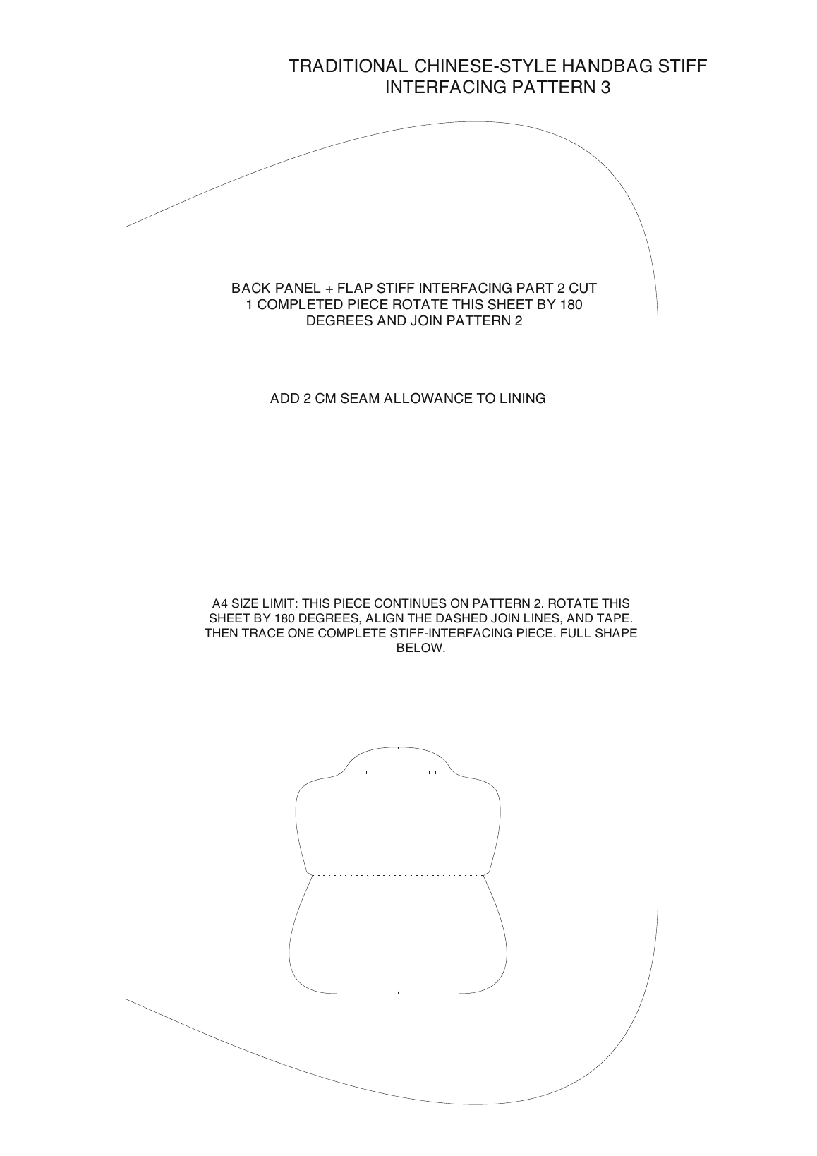 English page 7 showing back-panel and flap stiff-interfacing part 2 with a dashed cross-page join line