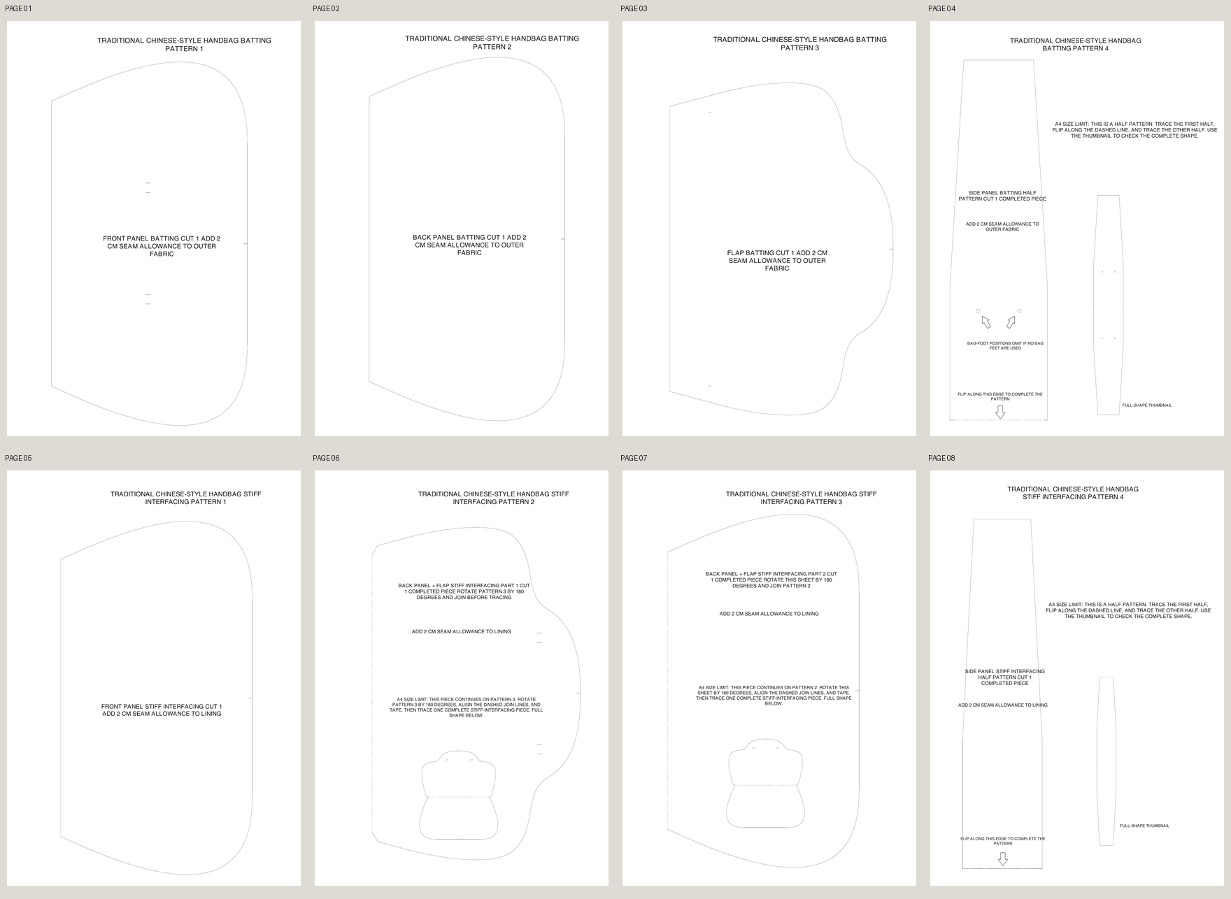Overview of all eight English pattern pages, with four batting pages and four stiff-interfacing pages